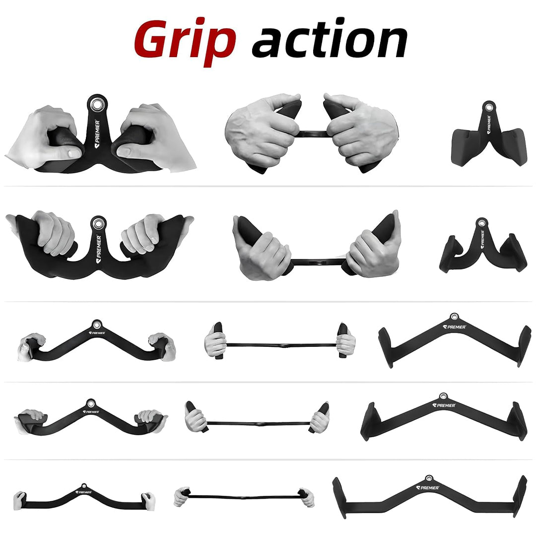 PREMIER 5SET Lat Pulldown Cable Attachment (LAT Pull Down Attachments,Attachment for High Pull-Downs, Ergonomic Handles, Rope Machine for Back Strength Training, Back Triceps bar Strength Training Handles for Biceps Curl Pull-Downs)